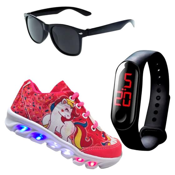 Imagem de Kit Tênis De Led Infantil Menina Feminino Unicórnio + Relógio + Óculos