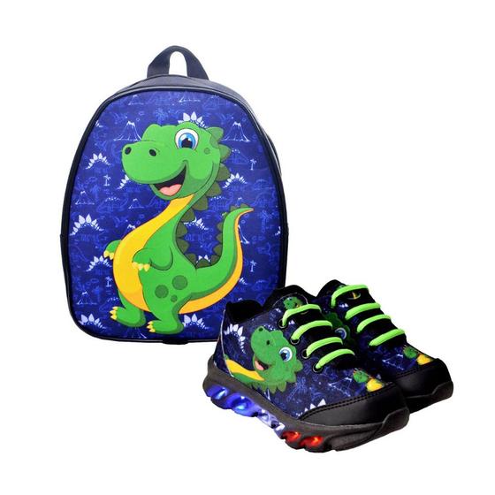 Imagem de Kit Tênis De Led Infantil Menino Masculino Dinossauro + Mochila