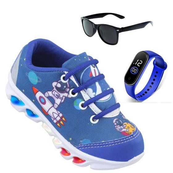 Imagem de Kit Tenis de led infantil meninos Ledstar calce facil Astronauta desenhos mais Relogio e Oculos