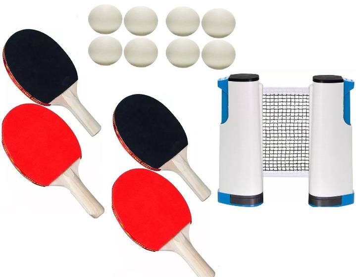 Imagem de Kit Tenis De Mesa 4 Raquetes 8 Bolinhas Ping Pong E Rede