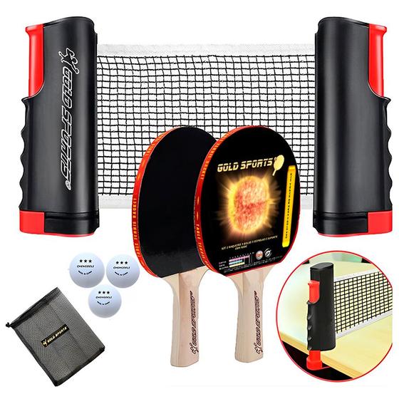 Imagem de Kit Tenis de Mesa Gold Sports Gold Pro 2 Raquetes 3 Bolas 3 Estrelas Suporte com Rede Retrátil