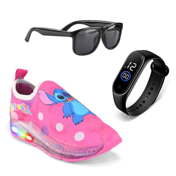 Imagem de Kit Tenis Infantil Feminino Led Calcefacil Stitch Rosa + Oculos+relogio