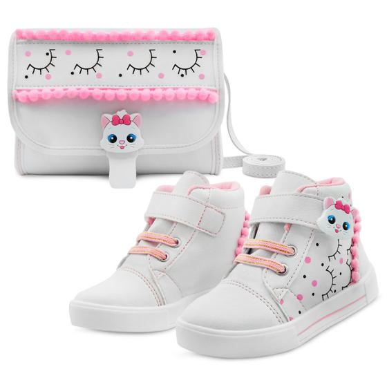 Imagem de Kit Tênis Infantil Menina Cano Alto Com Bolsa Feminino Gatinha Gatatuya