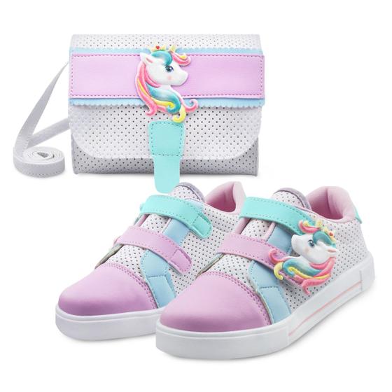 Imagem de Kit Tênis Infantil Menina Unicórnio Com Bolsa Feminino Casual