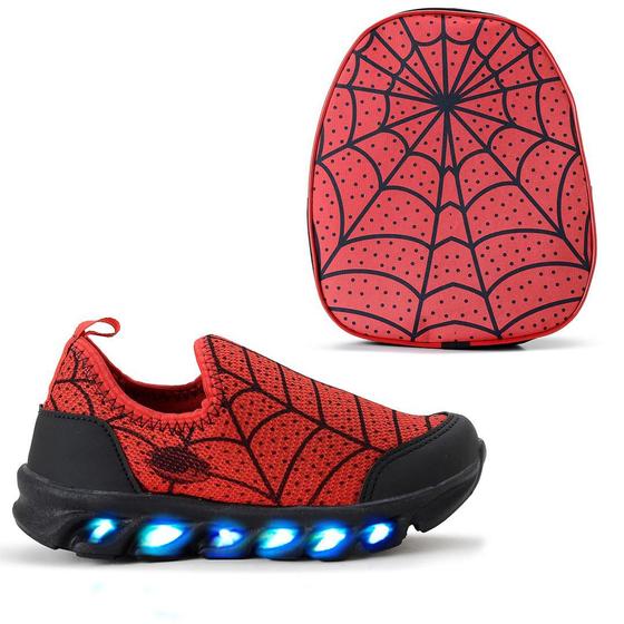 Imagem de Kit Tênis Led Infantil Homem Aranha Personagem Mochila Vermelha Menino