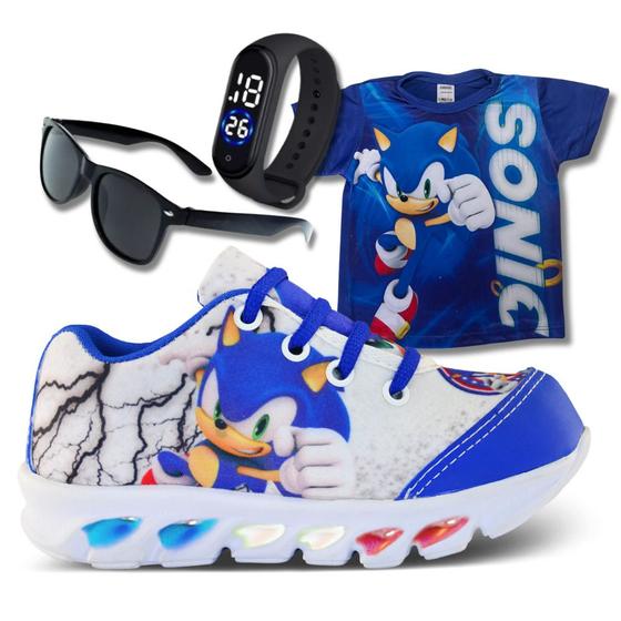Imagem de Kit Tênis Led Infantil Menino Masculino Sonic + Camisa + Relógio + Óculos