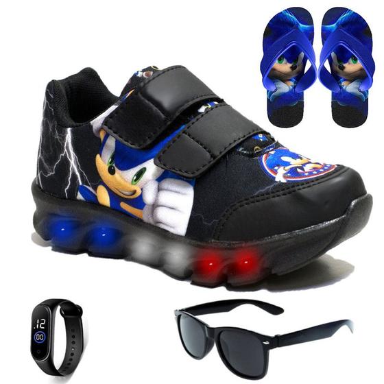 Imagem de Kit Tenis Masculino Infantil De Led Meninos Sonic + Chinelo + Oculos + Relogio