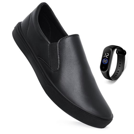 Imagem de Kit Tênis Sapatênis Slip On Casual Iate Sem Cadarço Calce Fácil Confortável + Relógio Digital