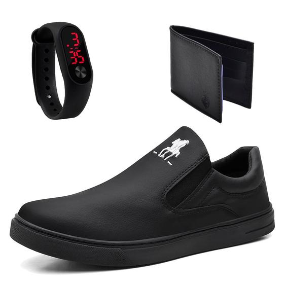 Imagem de Kit Tênis Slip On Hfas Shoes Elástico Lateral Sola Reta com Carteira e Relogio