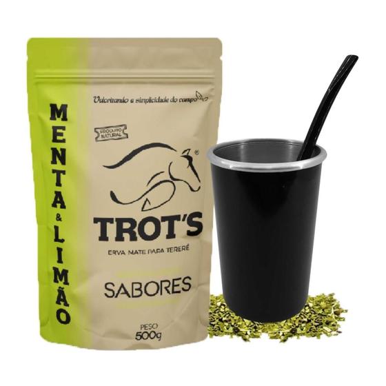 Imagem de Kit Tereré 1 Copo Cuia E Bomba Coloridas Preto 1 Erva Trot's 500g Sabores