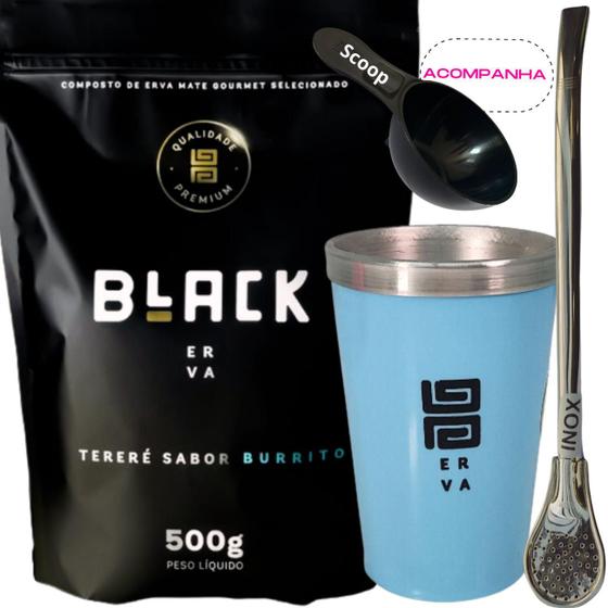 Imagem de Kit Tereré Black Erva Mate 500g+ Copo Alumínio Térmico AZUL + Bomba Tradicional Inox Acompanha Scoop