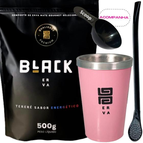 Imagem de Kit Tereré Black Erva Mate 500g + Copo Alumínio Térmico ROSA + Bomba Clássica Preta-Acompanha Scoop