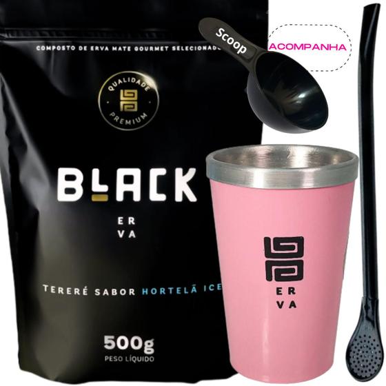 Imagem de Kit Tereré Black Erva Mate 500g + Copo Alumínio Térmico ROSA + Bomba Clássica Preta-Acompanha Scoop