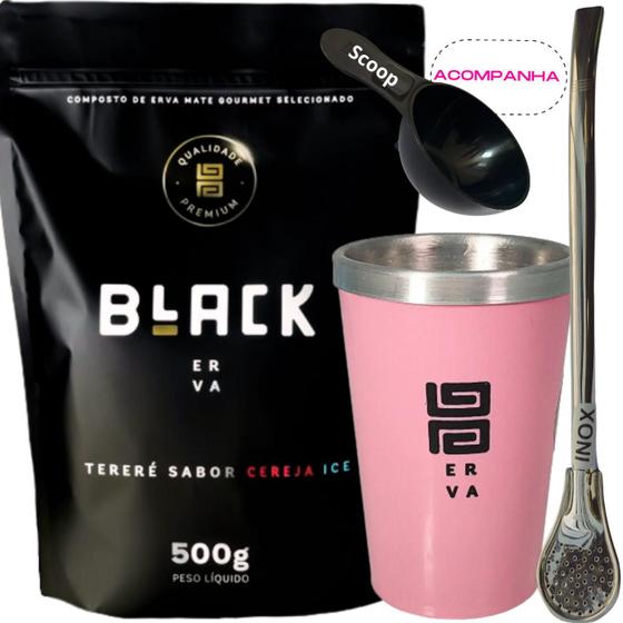 Imagem de Kit Tereré Black Erva Mate 500g+ Copo Alumínio Térmico ROSA + Bomba Tradicional Inox Acompanha Scoop