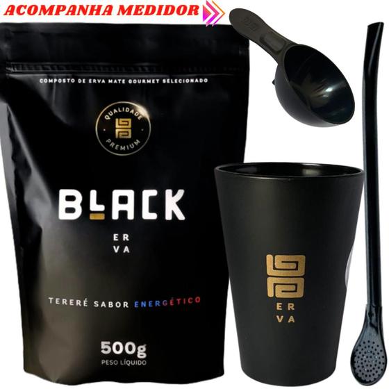 Imagem de Kit Tereré Black Erva Mate 500g + Copo Cuia Caldereta Preto + Bomba Clássica Preta Escolha o Sabor