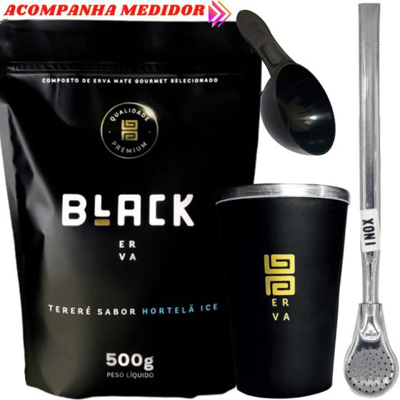Imagem de Kit Tereré Black Erva Mate 500g + Copo de Alumínio Térmico + Bomba Inox + Acompanha colher medidora