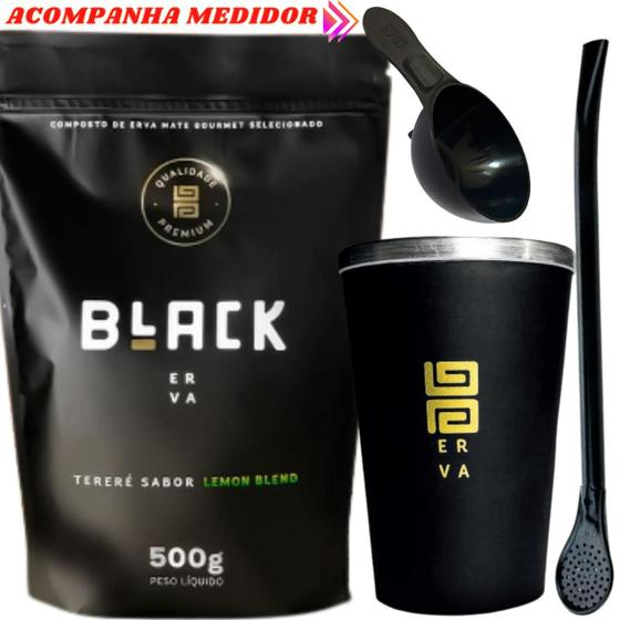 Imagem de Kit Tereré  Black Erva Mate 500g + Copo de Alumínio Térmico Preto + Bomba Clássica Preta