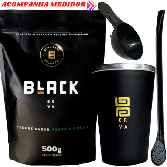 Imagem de Kit Tereré  Black Erva Mate 500g + Copo de Alumínio Térmico Preto + Bomba Clássica Preta