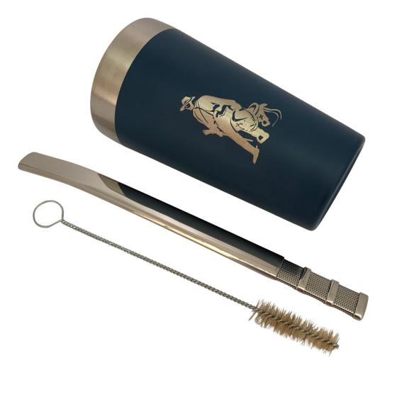 Imagem de Kit tereré copo cuia térmico parede dupla de inox 500ml azul + bomba tela clássica luxo 24cm + escova