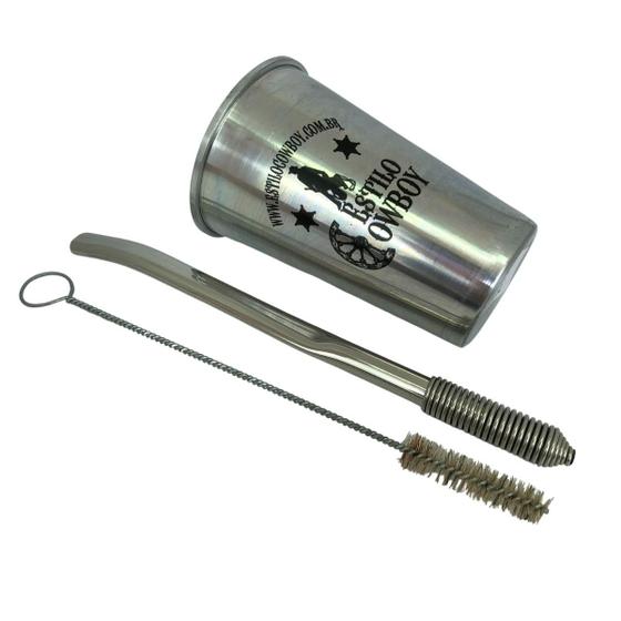 Imagem de Kit tereré cuia copo redondo 200ml alumínio + bomba de mola sem rosca desmontável prata + escova de higienização