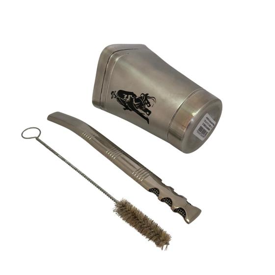 Imagem de Kit tereré cuia copo redondo 300ml alumínio boca quadrada + bomba de tela v8 19cm prata + escova de higienização