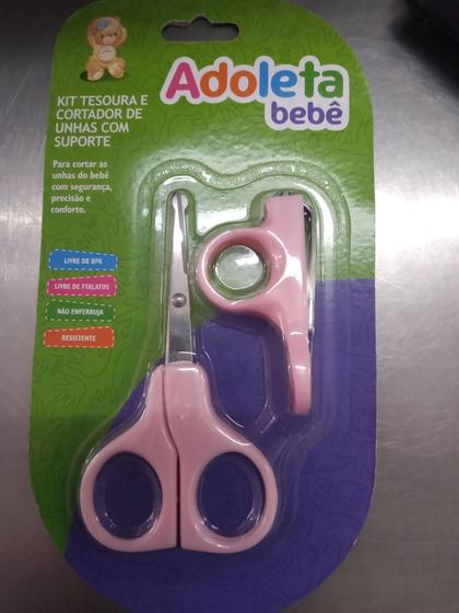 Imagem de Kit tesoura e cortador de unhas com suporte rosa - Adoleta Bebê