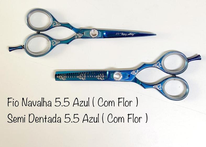 Imagem de KIT Tesouras Fio Navalha e Dentada Titânio Maryam Trading Azul com Flores 5.5