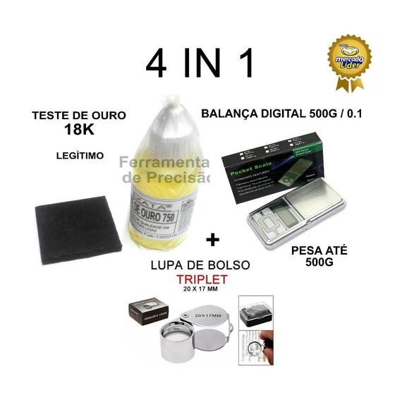 Imagem de Kit Test Ouro 4 em 1 - Pedra Peq + Ácido 18k + Balança 500g + Lupa