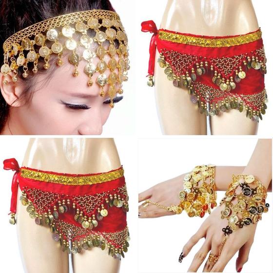 Imagem de Kit Tiara, Lenço de Quadril E Par de Pulseiras Com Moedas  Dança Do Ventre/Cigana/Indiana - KIT29