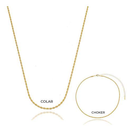 Imagem de Kit Tifany - Colar + Choker Cordão Baiano 2mm banhado em ouro 18k