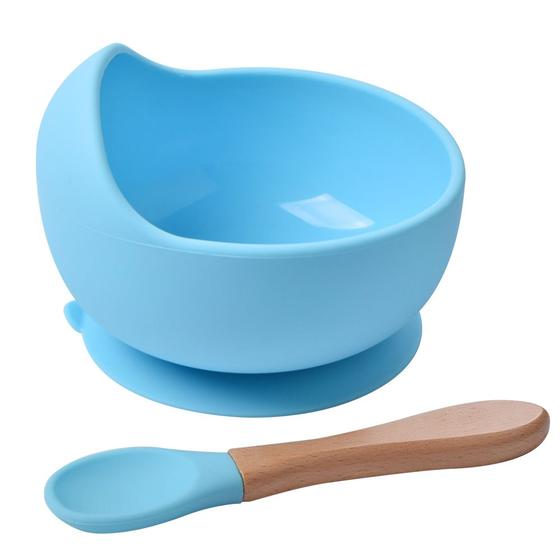 Imagem de Kit - tigela com colher de silicone com cabo de bambu para alimentação do bebê