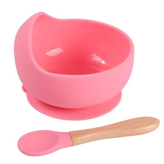 Imagem de Kit - tigela com colher de silicone com cabo de bambu para alimentação do bebê