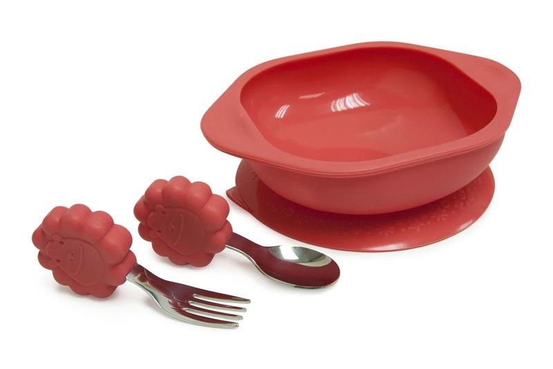 Imagem de Kit Tigela Silicone Com Sucção Garfo e colher Leão Marcus E Marcus Vermelho