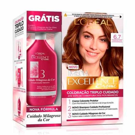 Imagem de Kit Tinta Imédia Excellence Loreal Creme Chocolate 6.7 + Creme Milagroso 50ml