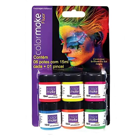 Imagem de Kit Tinta Líquida Neon Facial Com Pincel 6 Cores (15Ml Cada) - Color Make
