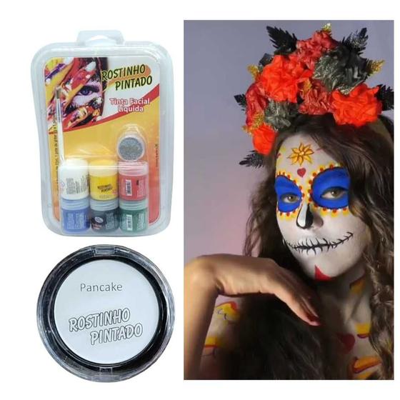 Imagem de Kit Tinta Maquiagem Artística Facial Caveira Frida Halloween