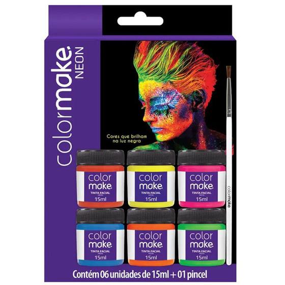 Imagem de Kit Tinta para Rosto Líquida Neon e Pincel 15ml com 6 Cores - Colormake