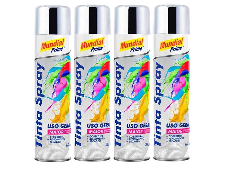 Imagem de Kit Tinta Spray Metálica Cromada Uso Geral Mundial Prime 400ml 4 Unidades Melhor Rendimento Secagem