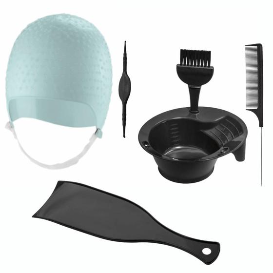 Imagem de Kit Tintura Coloração Tigela Pincel Plaquete Touca e Pente Separador Mechas Luzes Silicone Agulha Dompel - Verde