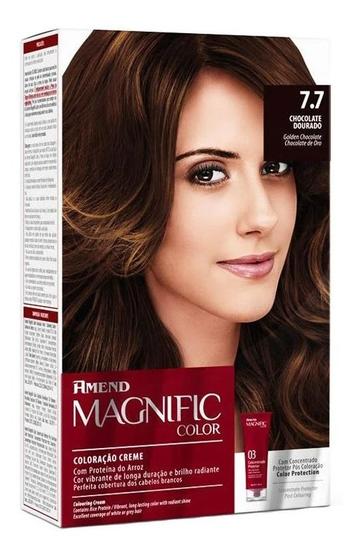 Imagem de Kit Tintura, Creme Reveladora Amend  Magnific Color Kit Coloração Creme Tom 7.7 Chocolate Dourado