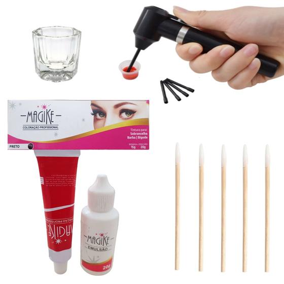 Imagem de Kit Tintura Sobrancelha Magike Emulsao 20ML Profissional Com Mixer Misturador Dappen 100 Palitos