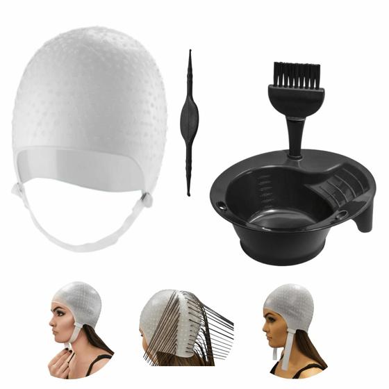 Imagem de Kit Tintura Tigela Pincel e Touca Para Mechas Luzes Siliconada Profissional Com Agulha Dompel Cores - Branco