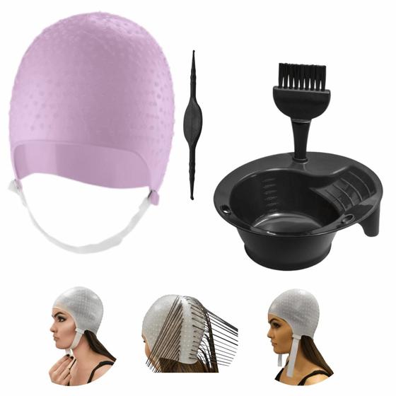 Imagem de Kit Tintura Tigela Pincel e Touca Para Mechas Luzes Siliconada Profissional Com Agulha Dompel Cores - Rosa