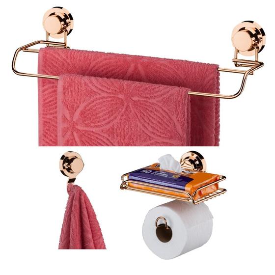 Imagem de Kit Toalheiro Cabide Porta Papel Higiênico Ventosa Rose Gold