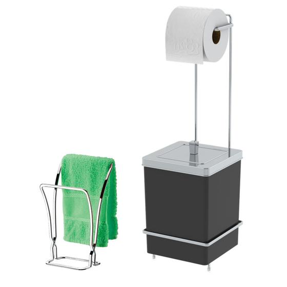Imagem de Kit Toalheiro Duplo De Bancada Suporte Papel Higiênico Com Lixeira 6,5L Preto Cromado - Future