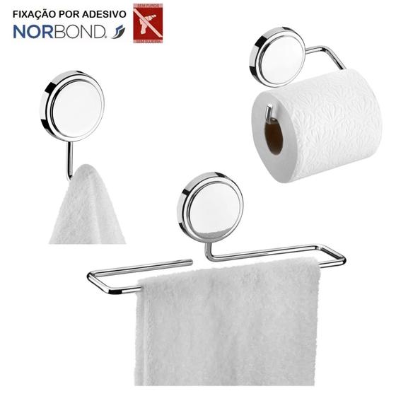 Imagem de Kit Toalheiro Rosto Suporte Papel Higiênico Gancho Porta Toalha Adesivo Dupla Face Banheiro Cromado - Future