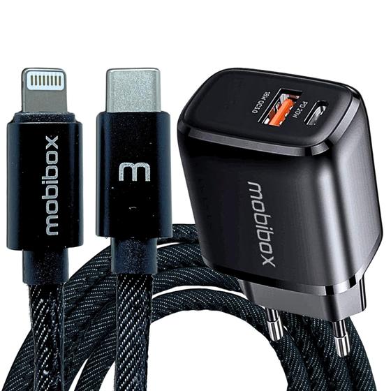 Imagem de Kit Tomada / Caixinha / Fonte / Carregador de Parede - 2 saídas - Usb + Tipo C 3A - c/ Cabo lightning entrada Tipo C - Ultra rápido