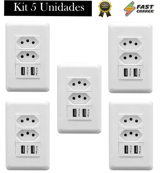 Imagem de Kit Tomada De Parede Dupla 10A Com Espelho Branco 4x2 Com 2 Portas Usb 3A - Conjunto 5 Unidades