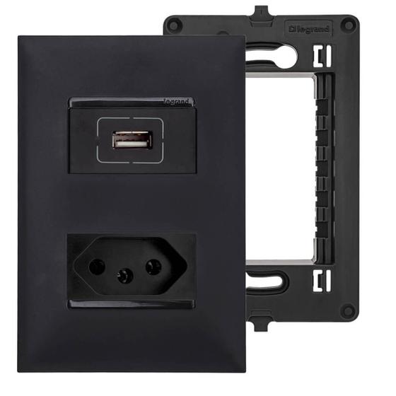 Imagem de Kit Tomada USB 1500mA Tomada 10A Simples Com Placa e Suporte 4x2 Preto PIAL Plus+