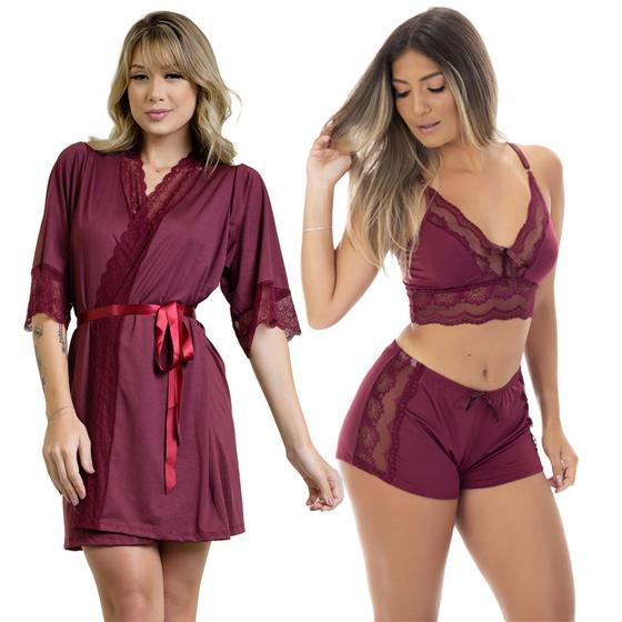 Imagem de Kit Top Doll Feminino e Robe Renda Luxo Pijama Lingerie